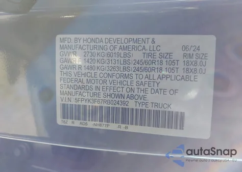 2024 Honda Ridgeline Trailsport from USA, damaged, VIN 5FPYK3F67RB024392